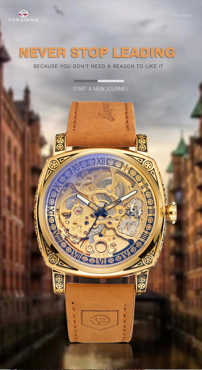 Forsining Royal Retro Skeleton Automatic Mechanical Watch for Men Leather Strap Business Casual Mens Watches Top Brand Gifts New