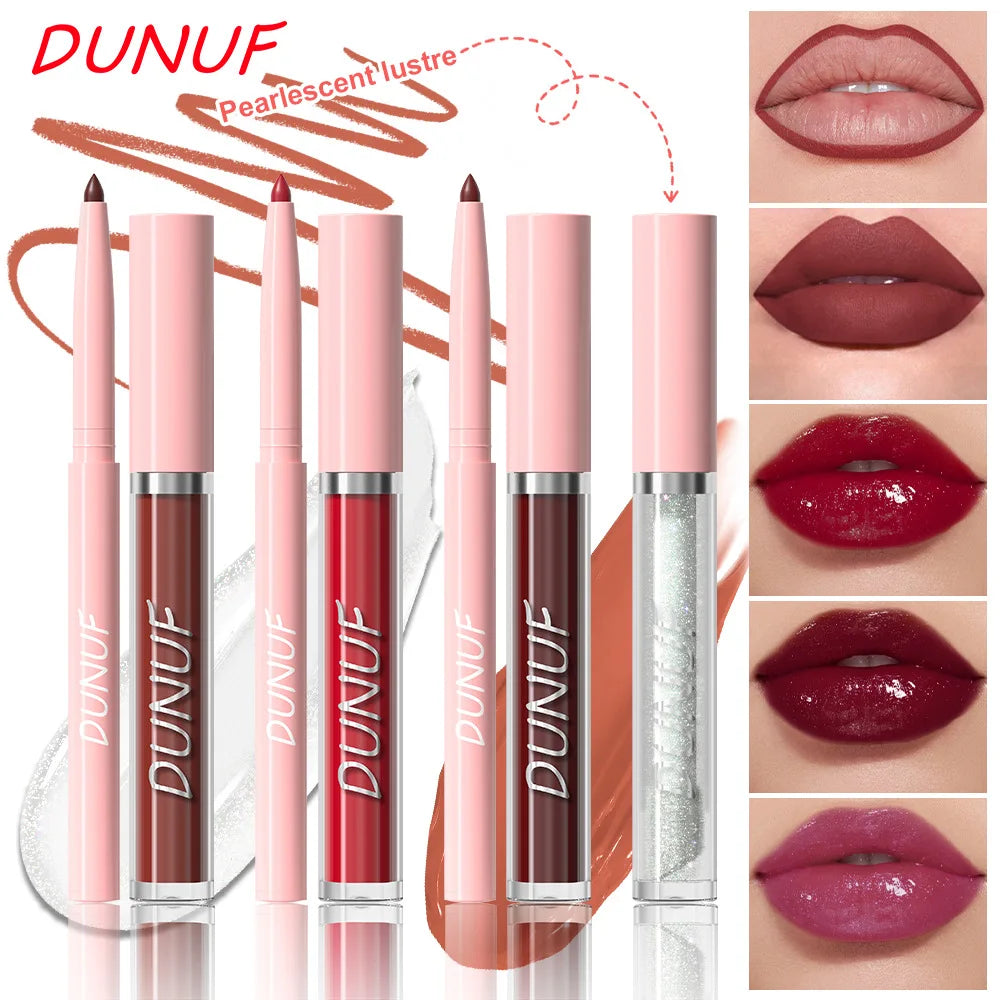 DUNUF 3 In 1 Matte Lipglaze Lip Liner Moisturize Clear Lip Oil Set Cosmetics Waterproof Long lasting Plumer Mirror Lips Gloss