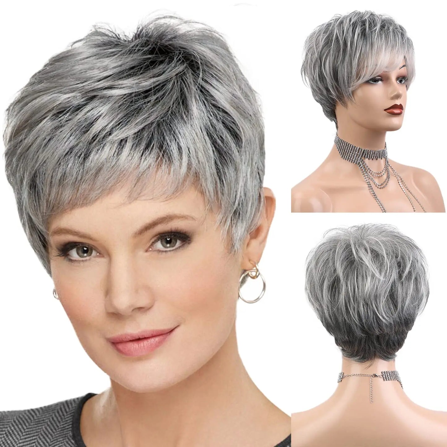 Short Pixie Cut Silvery Gray Blend Hair Wigs for Women with Bangs Ash Natural Straight Layered Human Hair Mixed Synthetic Fiber
