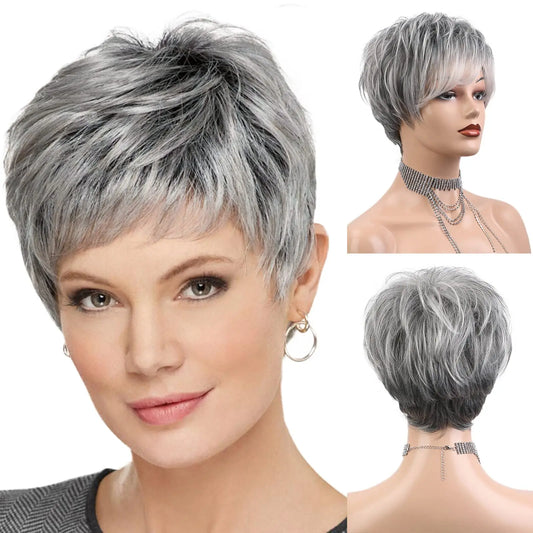 Short Pixie Cut Silvery Gray Blend Hair Wigs for Women with Bangs Ash Natural Straight Layered Human Hair Mixed Synthetic Fiber