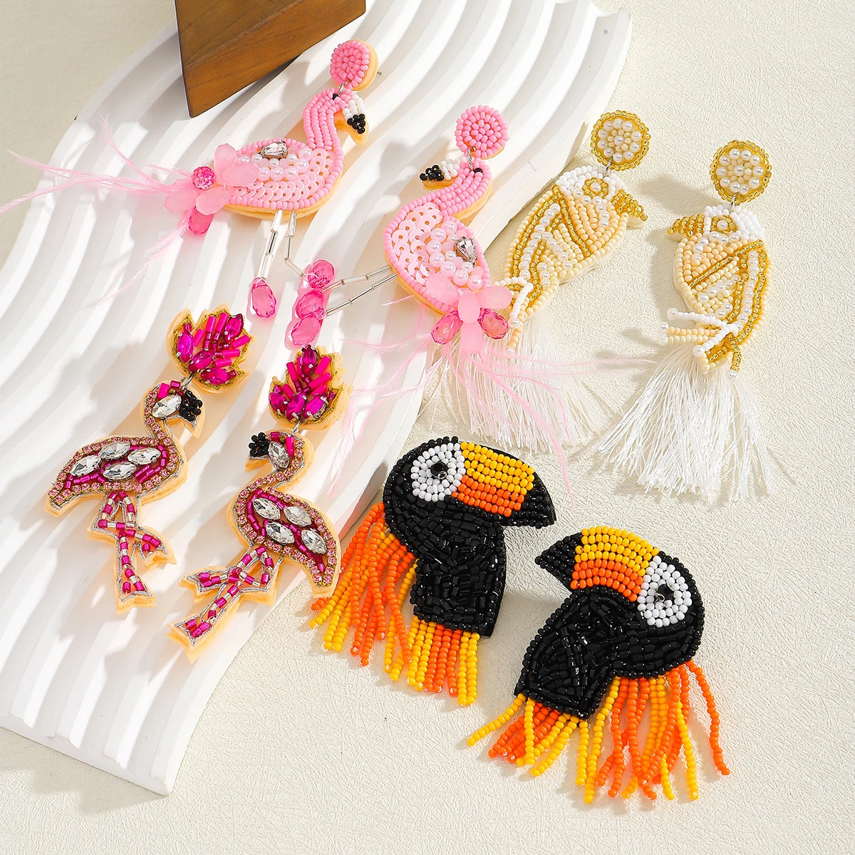 ZAA Exaggerated Rice Beads Bird Dangle Earrings For Women Bohemia Handmade Beaded Tassel Charm Earrings Orange Halloween Jewelry