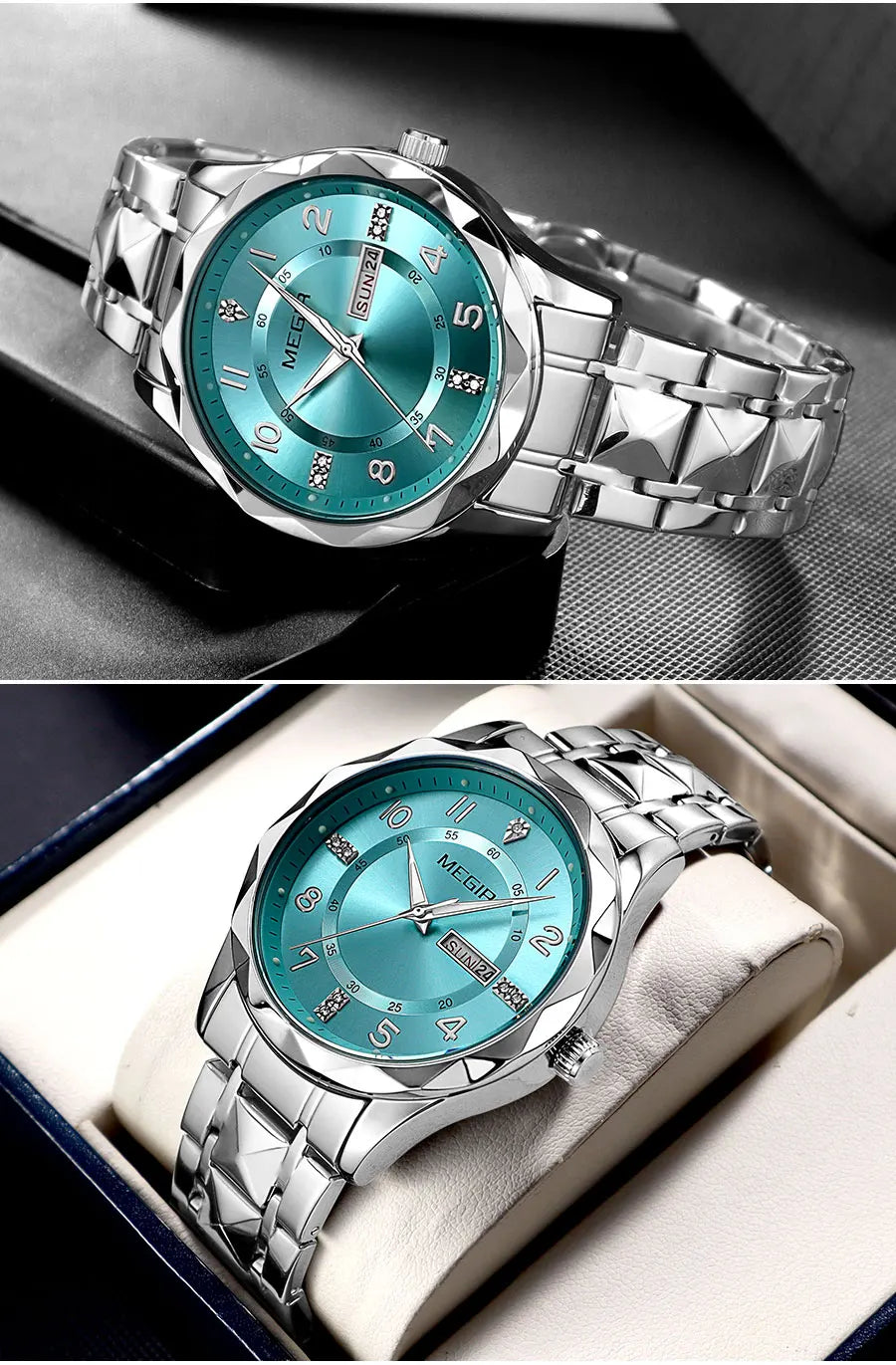 MEGIR Elegant Simple Style Men Quartz Watch with Date Day Display Fashion Stainless Steel Strap Alloy Case Ladies Wristwatch