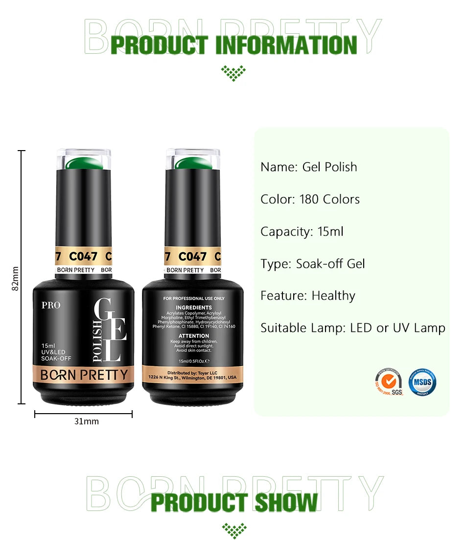 BORN PRETTY PRO 15ml Odorless Soak Off Gel Color Long Lasting Gel Polish Private Label Uv Nail Gel Polish