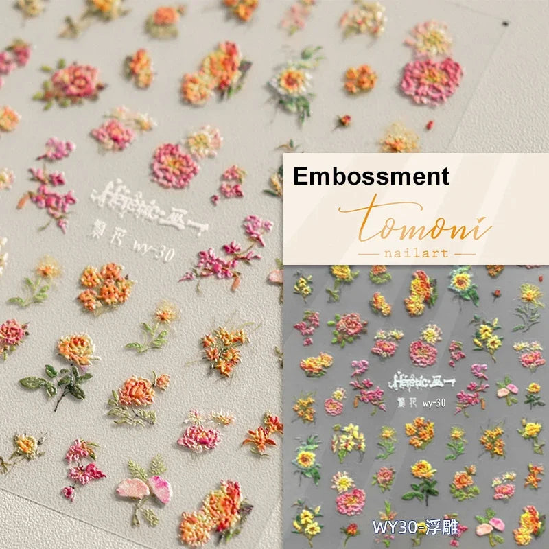 Yellow Autumn Osmanthus Flower Chrysanthemum Butterfly 5D Nail Art Sticker Chinese Character Vase Relief Adhesive Manicure Decal