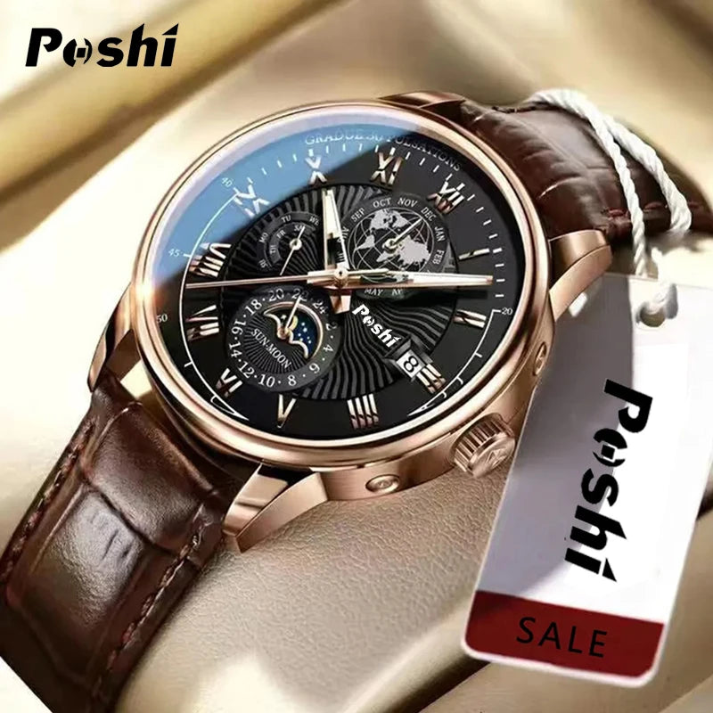 Swiss Brand POSHI Men Watch Fashion Top Luxury Sport Men's Wristwatch Waterproof Luminous Leather Date Quartz Watches Man clock