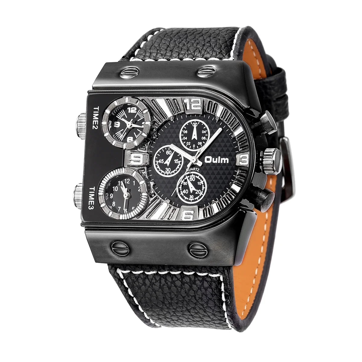 Oulm 9315 Men's Three Time Zone Watch Casual Leather Strap Wristwatch Unique Design Outdoor Sports Male Clock Watches