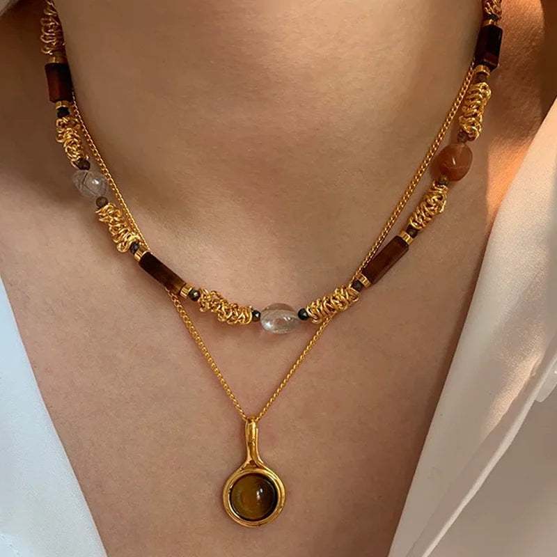 Bohemian Sun Star Zircon Necklace for Women Vintage Leather Necklace Double Layered Pendant Chain Choker Fashion Gem Jewelry