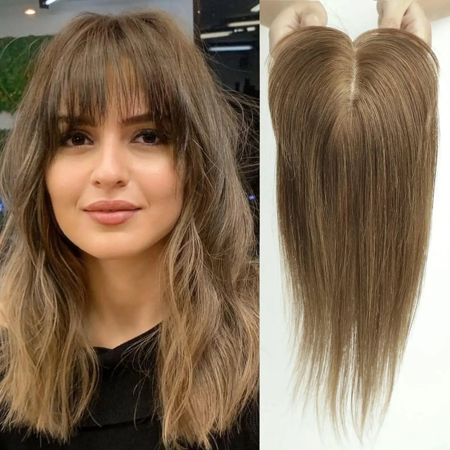 100% Remy Human Hair Toppers for Women Straight Brown Ombre 10inch Human Hair Topper with Bangs Silk Base Clip in Hair Extension