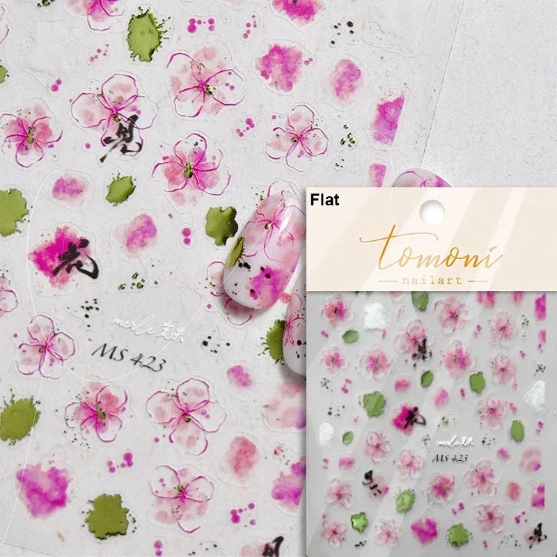 Yellow Autumn Osmanthus Flower Chrysanthemum Butterfly 5D Nail Art Sticker Chinese Character Vase Relief Adhesive Manicure Decal