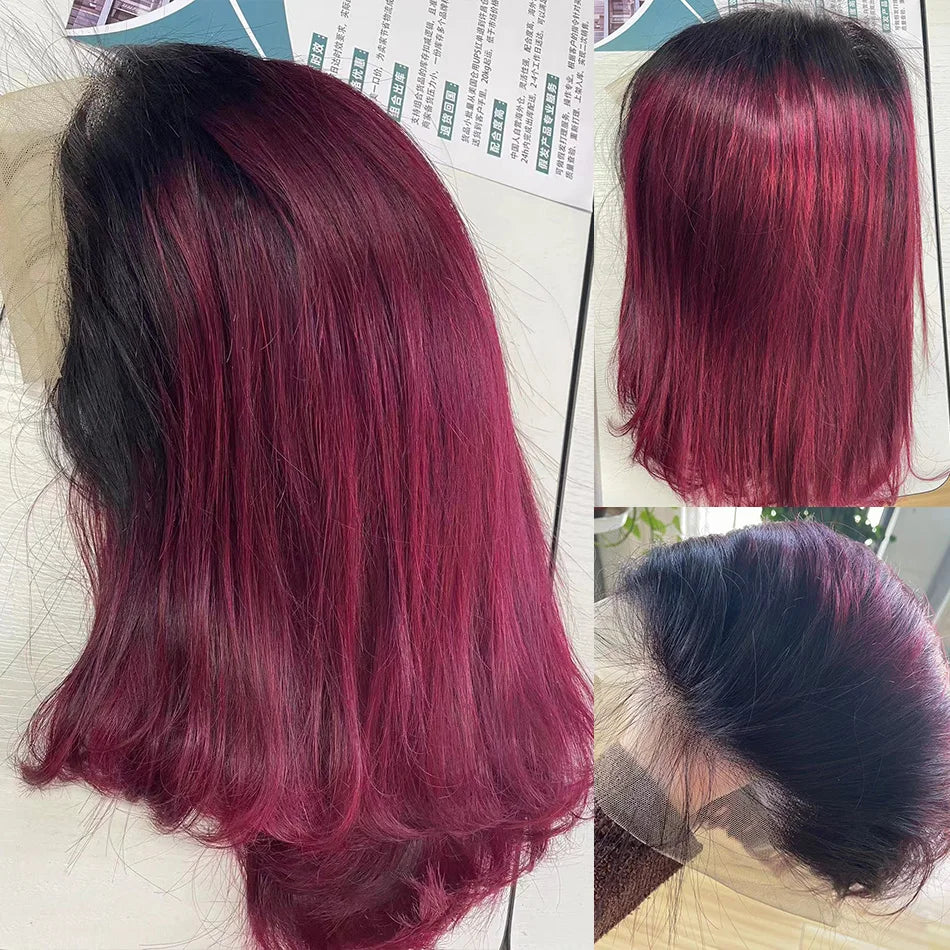 Bone Straight Short Bob Wig Human Hair Wigs For Women Burgundy 13X4 Lace Front Wigs 99J Bob Wig Brazilian Human Hair Pre Plucked