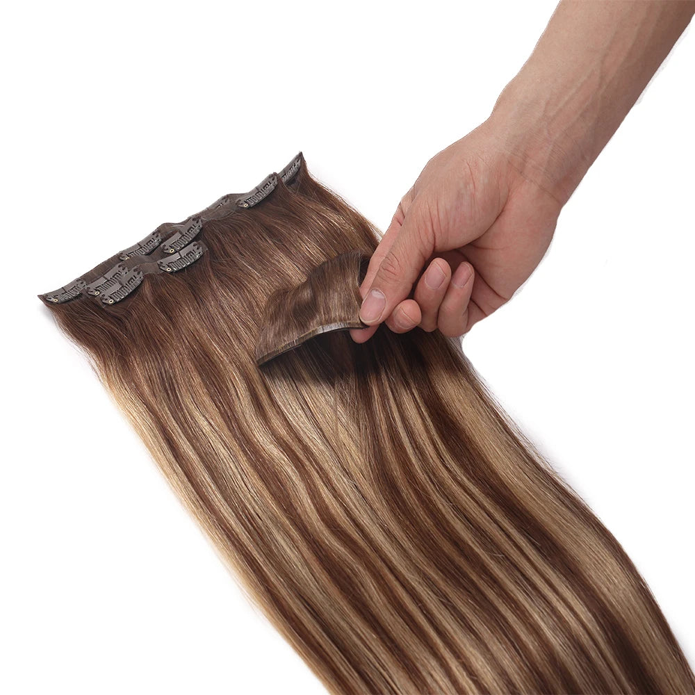 Wholesale Real Clip ins Russian Human Hair 100% Remy Hair Raw Pu Natural Straight Invisible Seamless Clip in Hair Extension