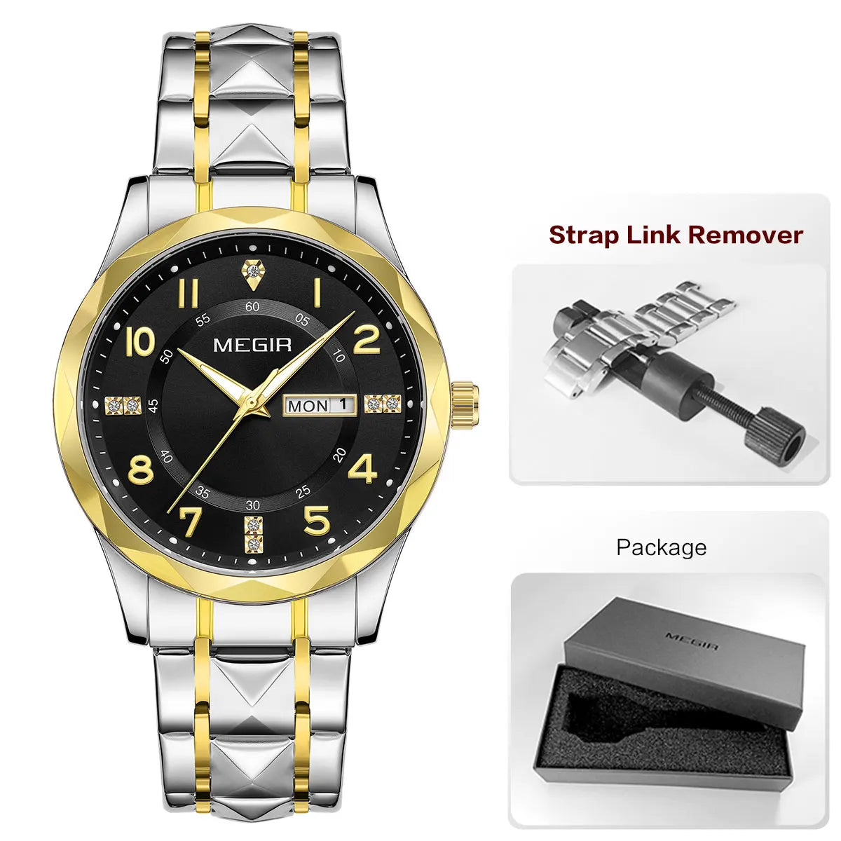 MEGIR Elegant Simple Style Men Quartz Watch with Date Day Display Fashion Stainless Steel Strap Alloy Case Ladies Wristwatch