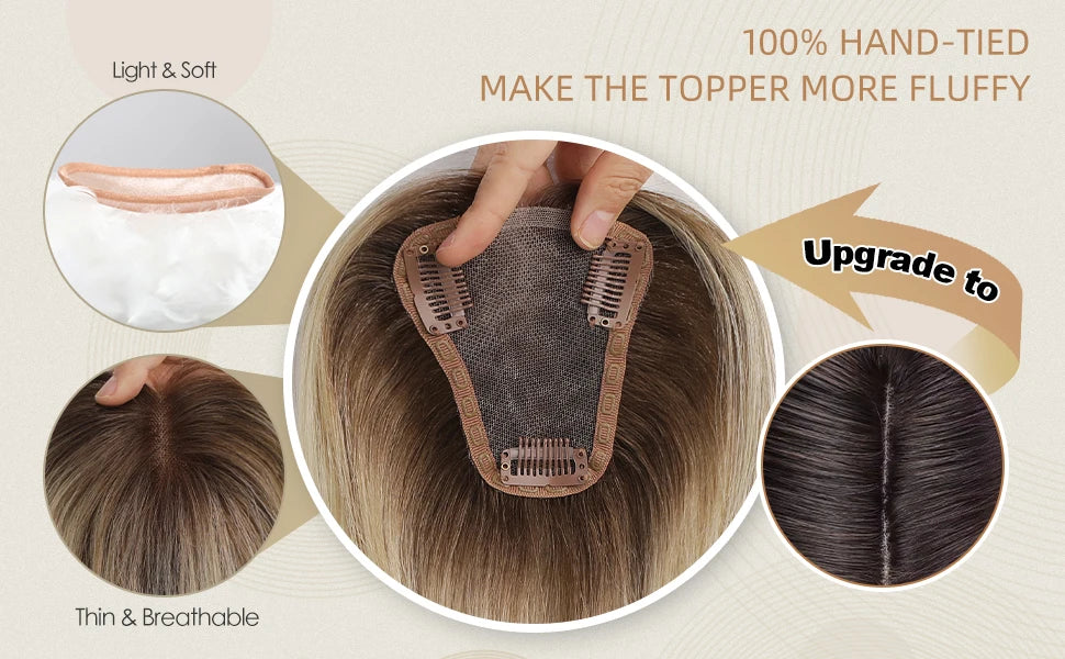 Women Human Hair Toppers Middle Part Ombre Light Brown Blonde Human Toupee Hair Pieces with Thinning Hair Base Clip in Toppers