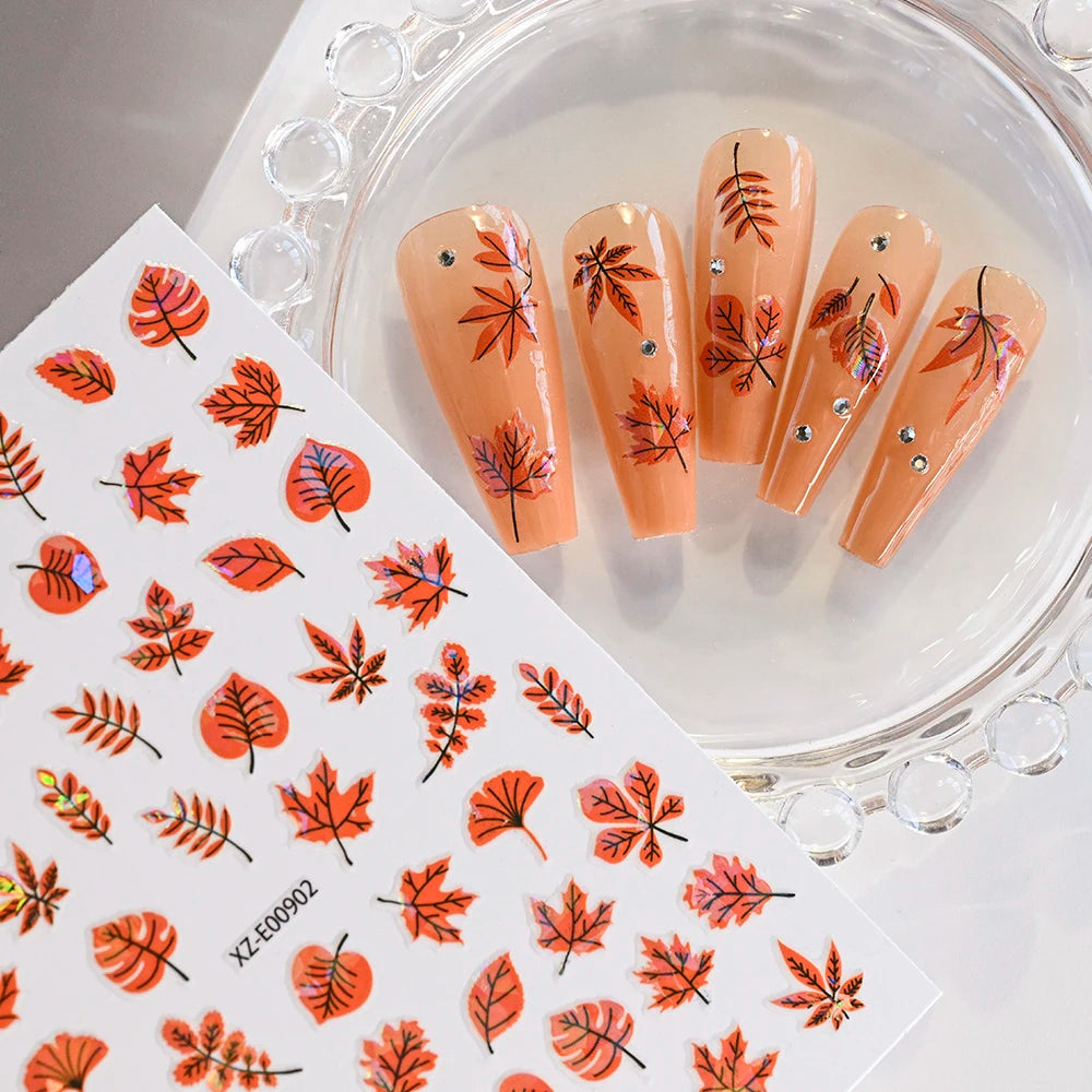 12Pcs Fall Maple Leaf Nail Decals Holographic Laser Maple Leaves Nail Art Sticker Self-Adhesive Thanksgiving Day Nail Decoration