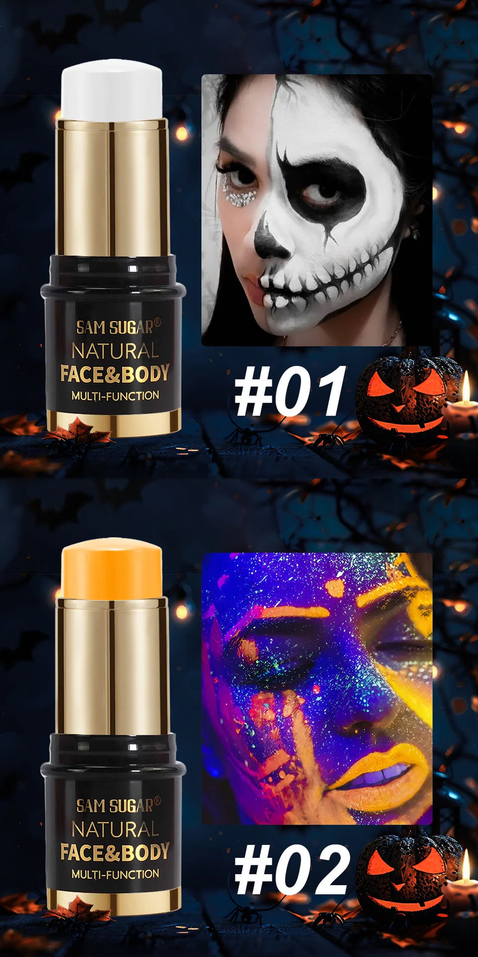 12-Colors Black White Halloween Makeup Waterproof Face & Body Paint Stick Neon Colorful Blue Green Yellow Face Paint Cosmetics