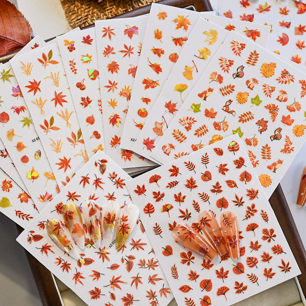 12Pcs Fall Maple Leaf Nail Decals Holographic Laser Maple Leaves Nail Art Sticker Self-Adhesive Thanksgiving Day Nail Decoration