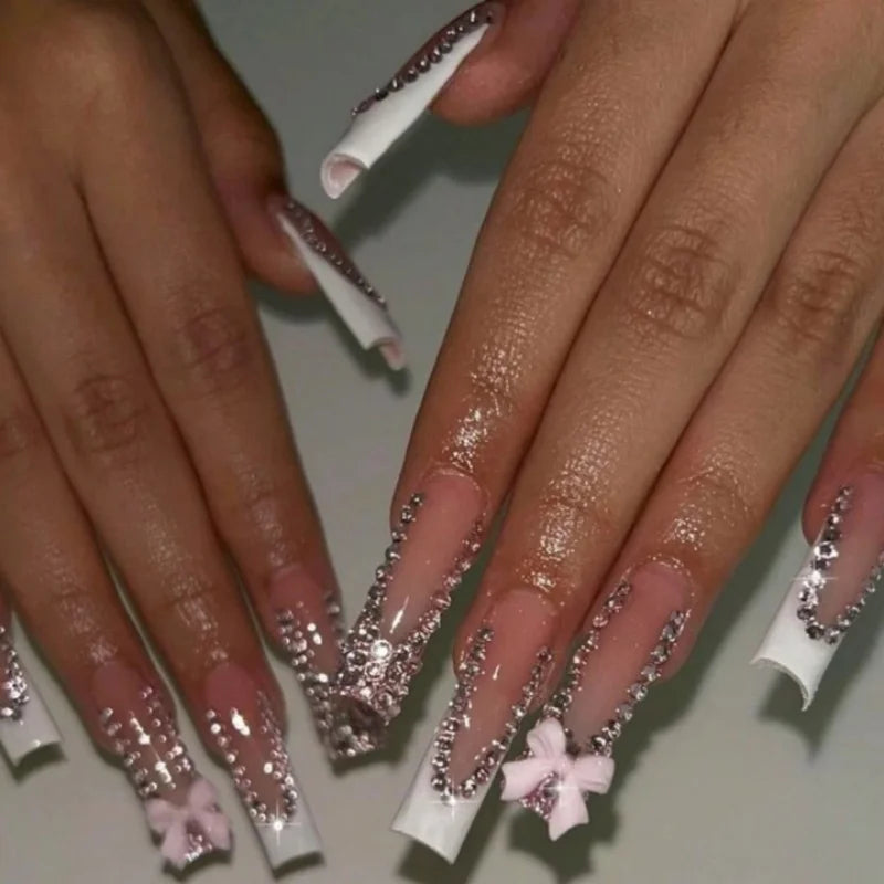 24Pcs Long Square Head French Fake Nail Press on 3D Bow Rhinestone Design Full Cover Nails Tips Detachable Finished False Nails