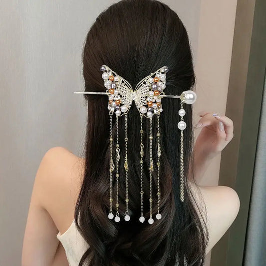 Luxury Pearl Butterfly Hairpin - Colored Alloy Hair Clip with Tassels