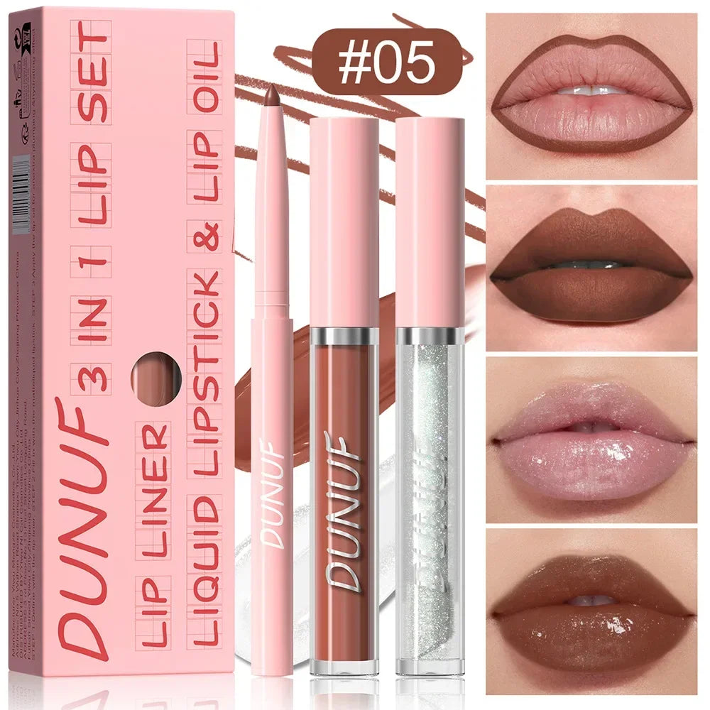 DUNUF 3 In 1 Matte Lipglaze Lip Liner Moisturize Clear Lip Oil Set Cosmetics Waterproof Long lasting Plumer Mirror Lips Gloss