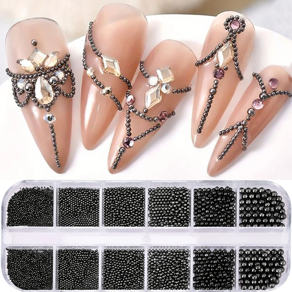 12 Grids 3D Golden Silvery Half Round Caviar Bead Nail Charms 1-5mm Flatback Micro Balls Punk Nail Beads DIY Manicure Beads Deco