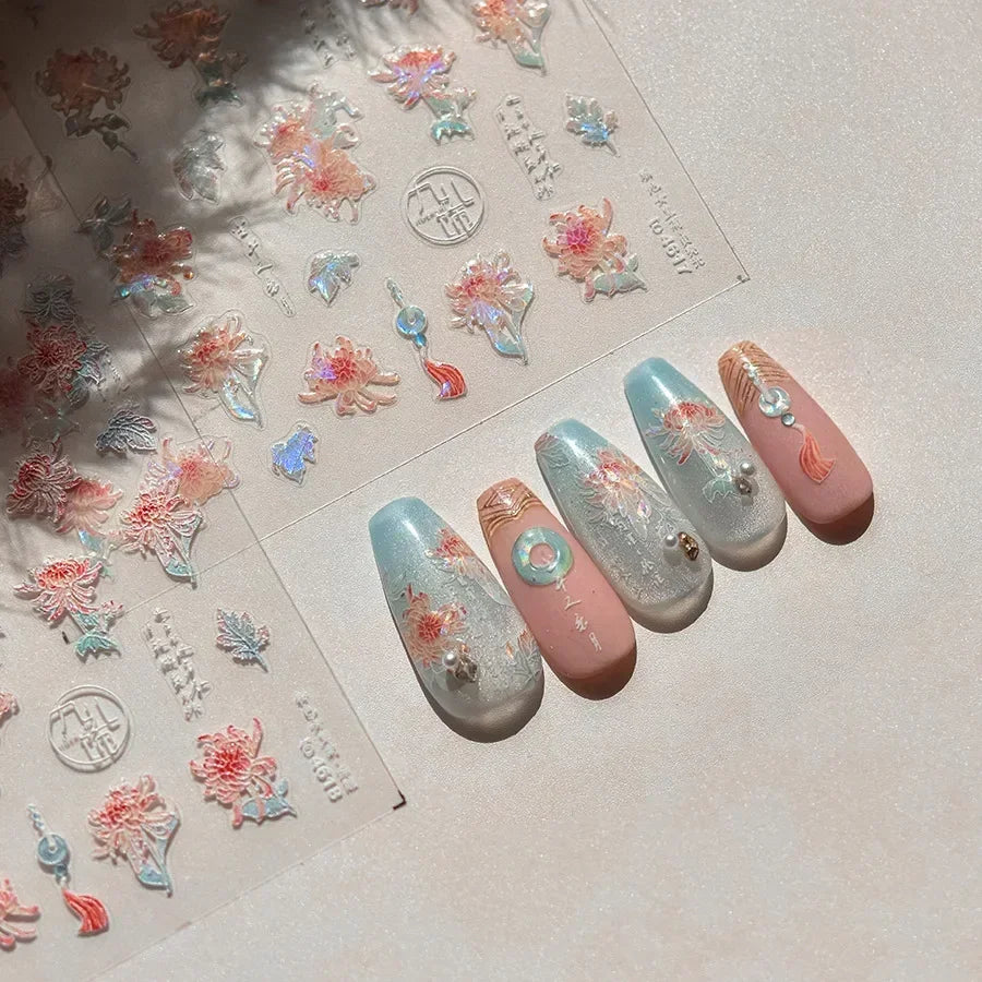 Yellow Autumn Osmanthus Flower Chrysanthemum Butterfly 5D Nail Art Sticker Chinese Character Vase Relief Adhesive Manicure Decal