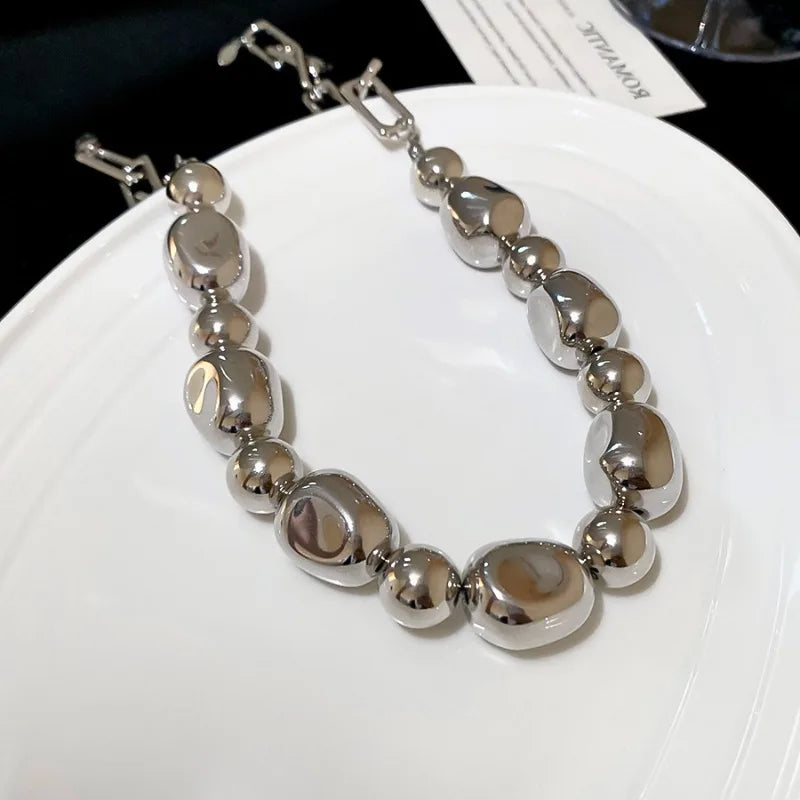 Minar Punk Irregular Metallic ABS Beads Strand Beaded Necklace for Women Silver Plated Metal Alloy Hollow Link Chain Chokers