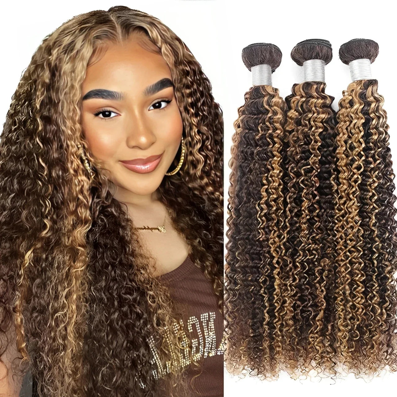 Sleek Highlight P4/27 Jerry Curly Human Hair Weave Bundles Kinky Curly Honey Blonde Brazilian100% Raw Human Hair Bundles