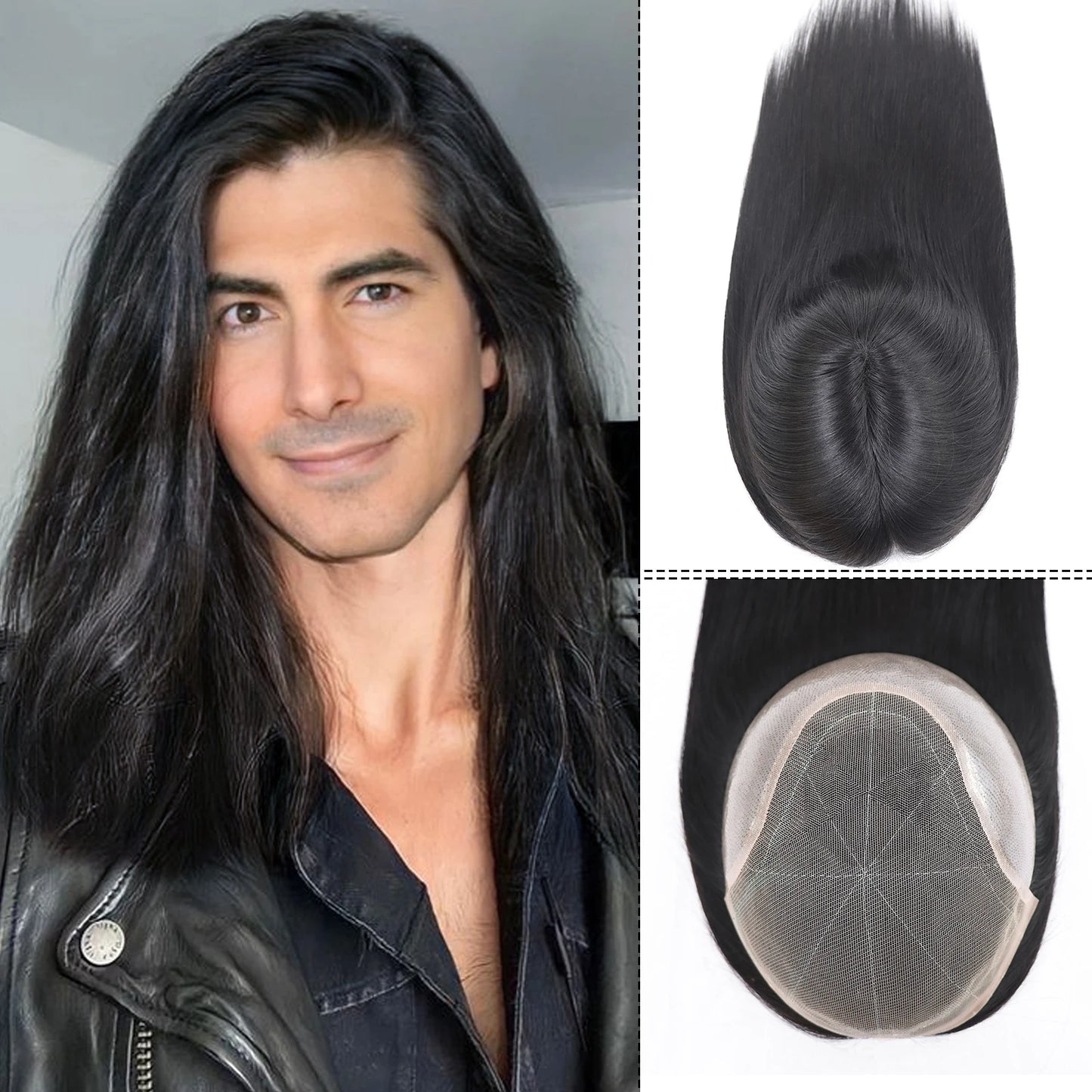 Black Human Hair Man Toupee Lace Pu Base Toupee For Men 16" Long Straight Human Hair Mens Wigs Replacement Systems Hair Piece