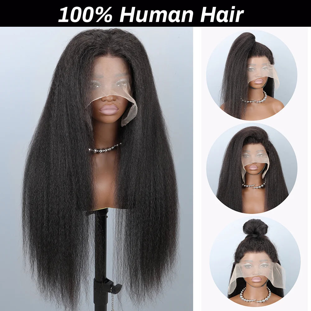 26inch Kinky Straight Human hair Wig 13X6 Transparent Lace Front Wigs Yaki Straight 180% Density Natural Black