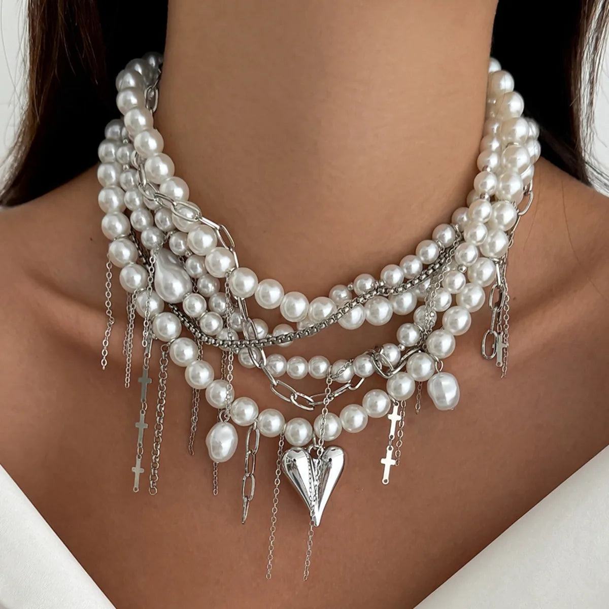 IngeSight.Z Exquisite Luxury Multilayer Imitation Pearl Tassel Choker Necklace Women New Heart Pendant Necklace Wedding Jewelry