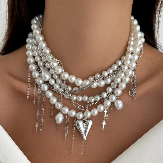 IngeSight.Z Exquisite Luxury Multilayer Imitation Pearl Tassel Choker Necklace Women New Heart Pendant Necklace Wedding Jewelry