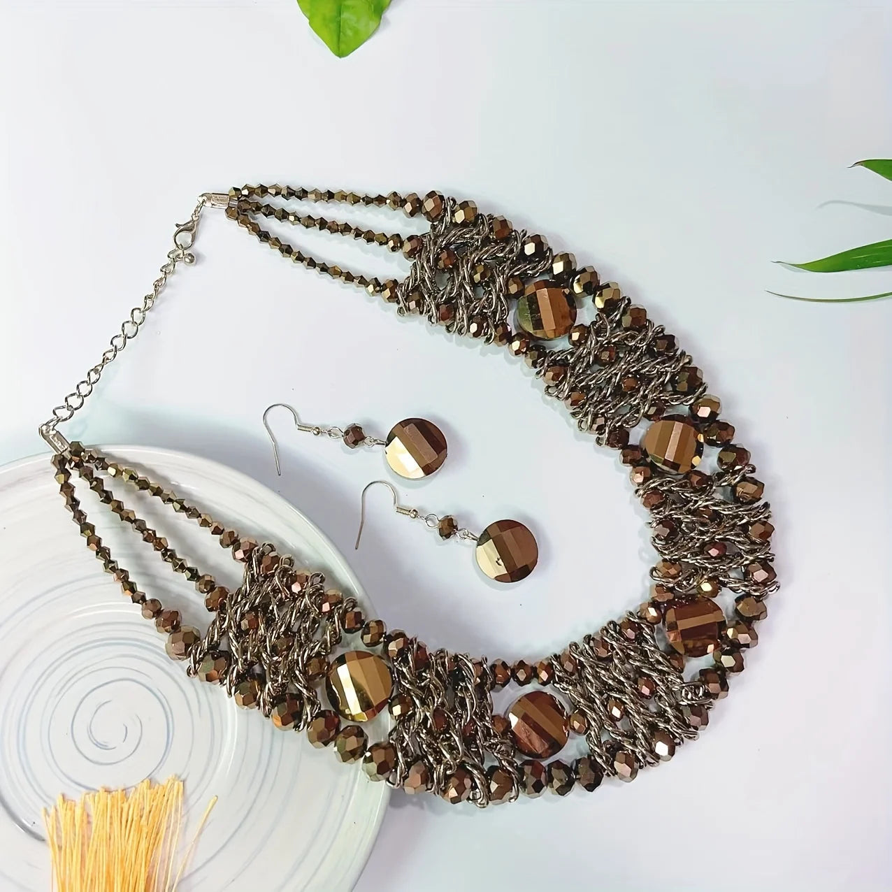 1 necklace +1 pair of earrings, 3 rows of artificial crystals, handmade, Bohemian style, perfect for everyday gifts!