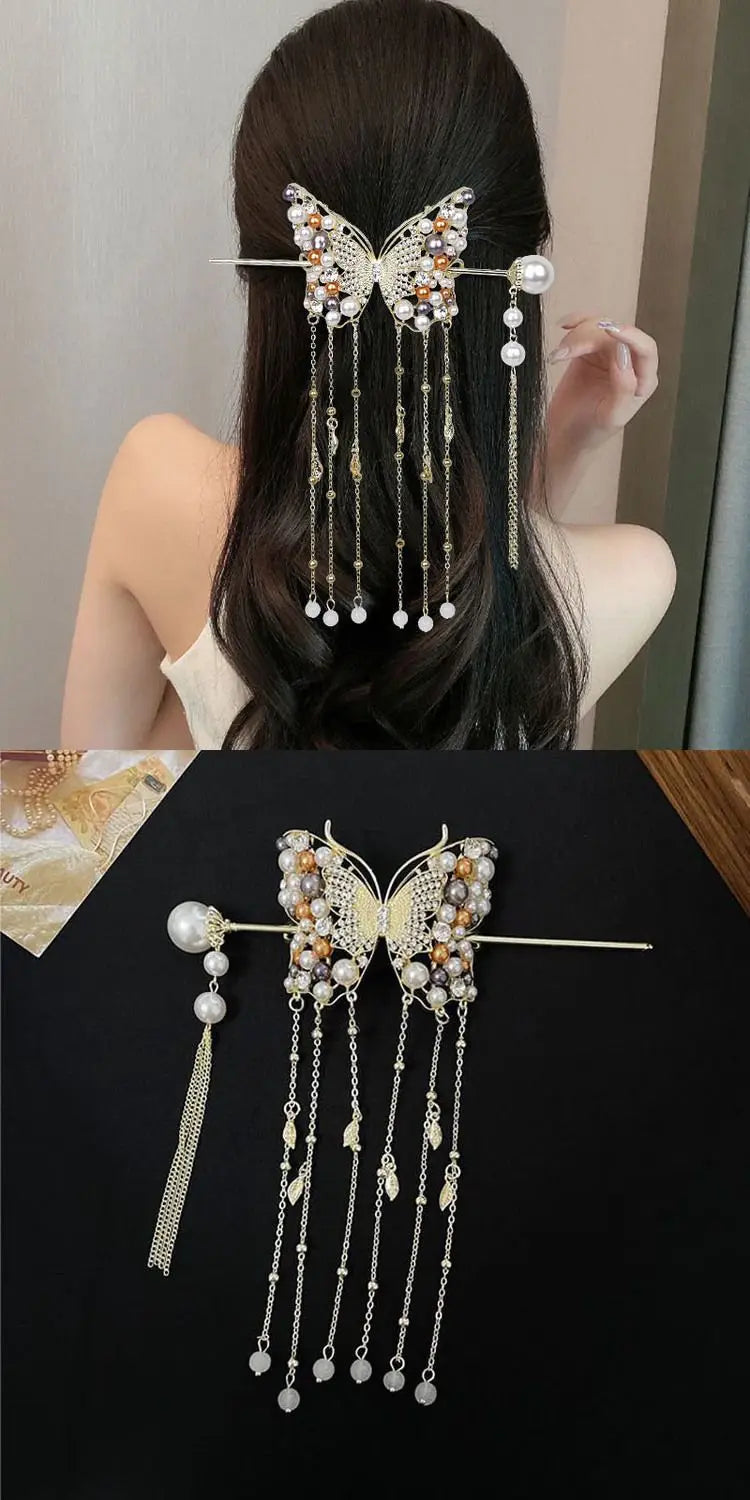 Luxury Pearl Butterfly Hairpin - Colored Alloy Hair Clip with Tassels
