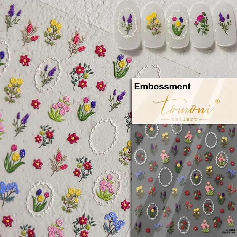 Yellow Autumn Osmanthus Flower Chrysanthemum Butterfly 5D Nail Art Sticker Chinese Character Vase Relief Adhesive Manicure Decal