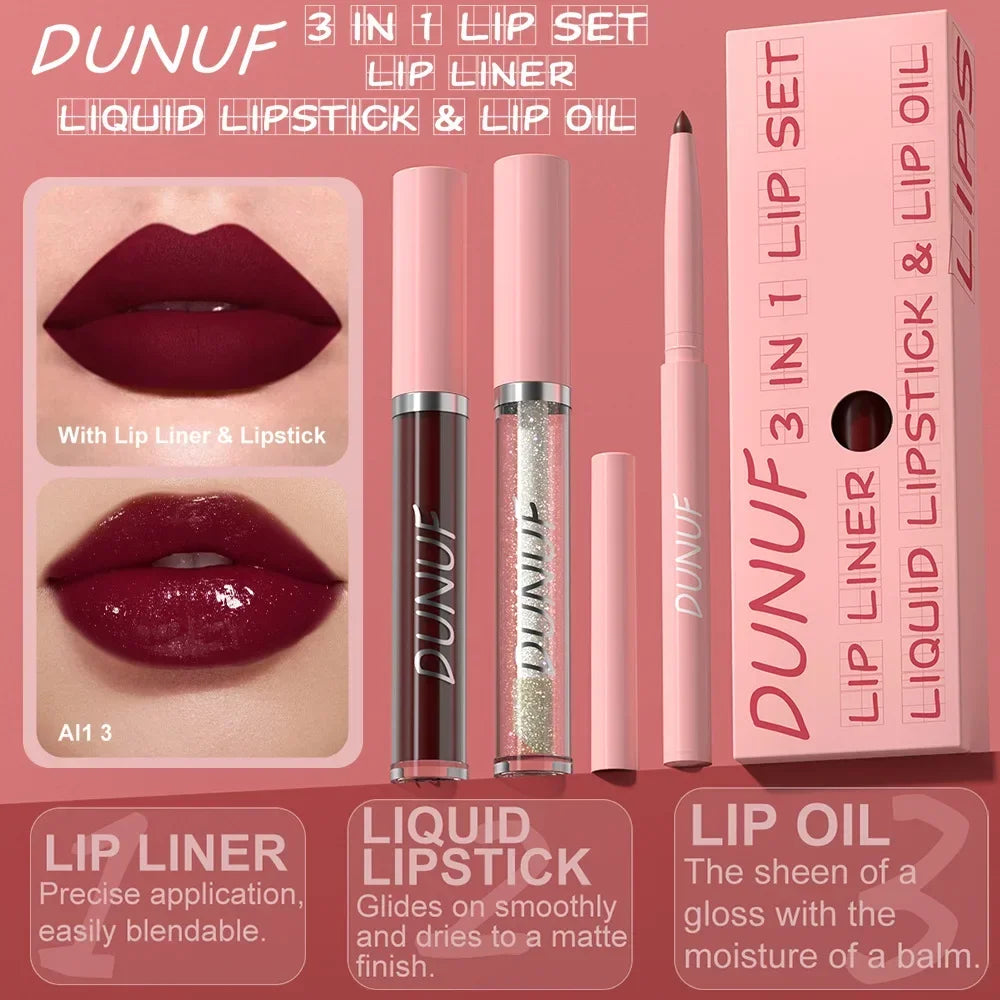 DUNUF 3 In 1 Matte Lipglaze Lip Liner Moisturize Clear Lip Oil Set Cosmetics Waterproof Long lasting Plumer Mirror Lips Gloss
