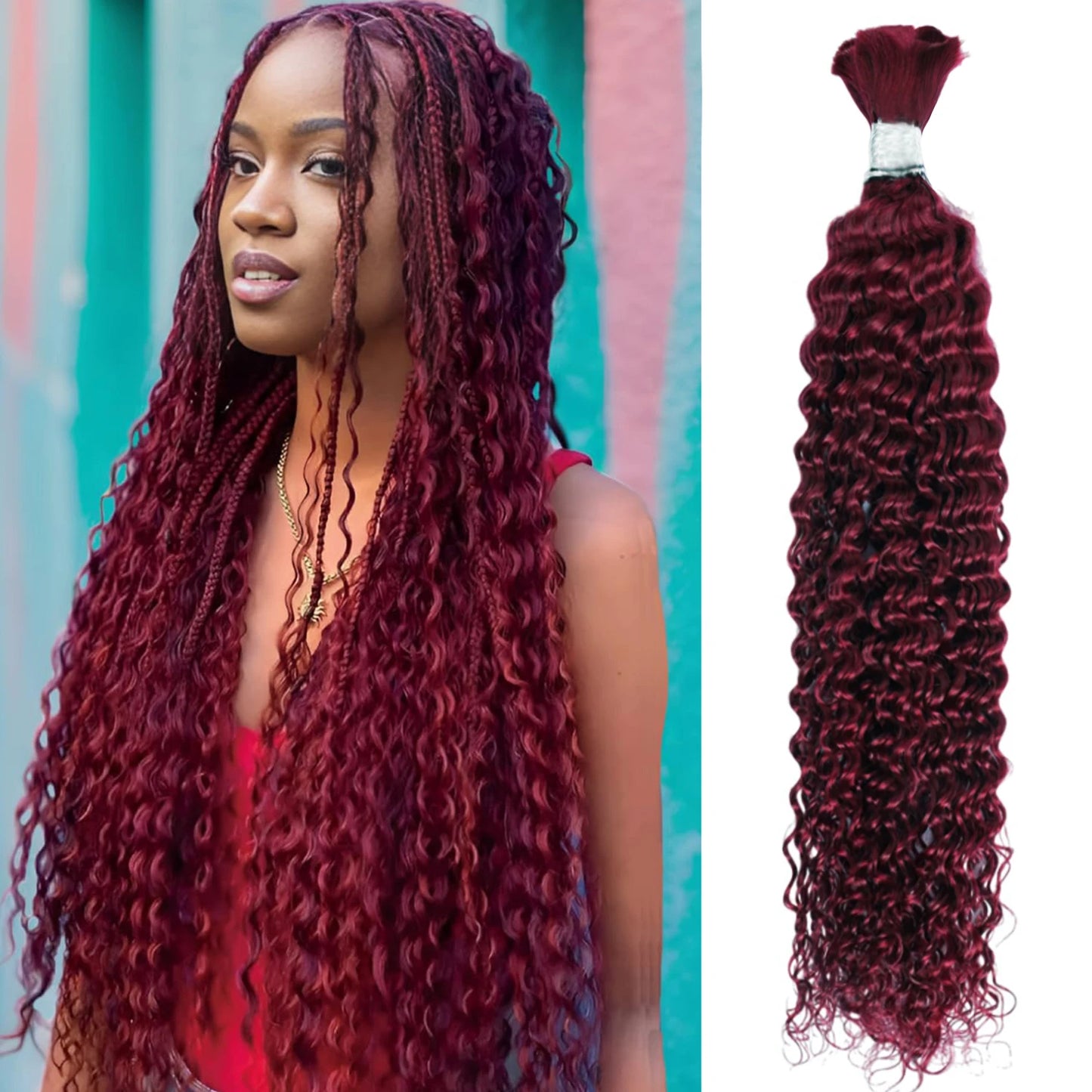 #99j Burgundy Human Hair Bulk for Braiding 16-24 inch Dark Wine Deep Wave Jerry Curly Boho Braids Hair Bulk Extension Bobbi Hair