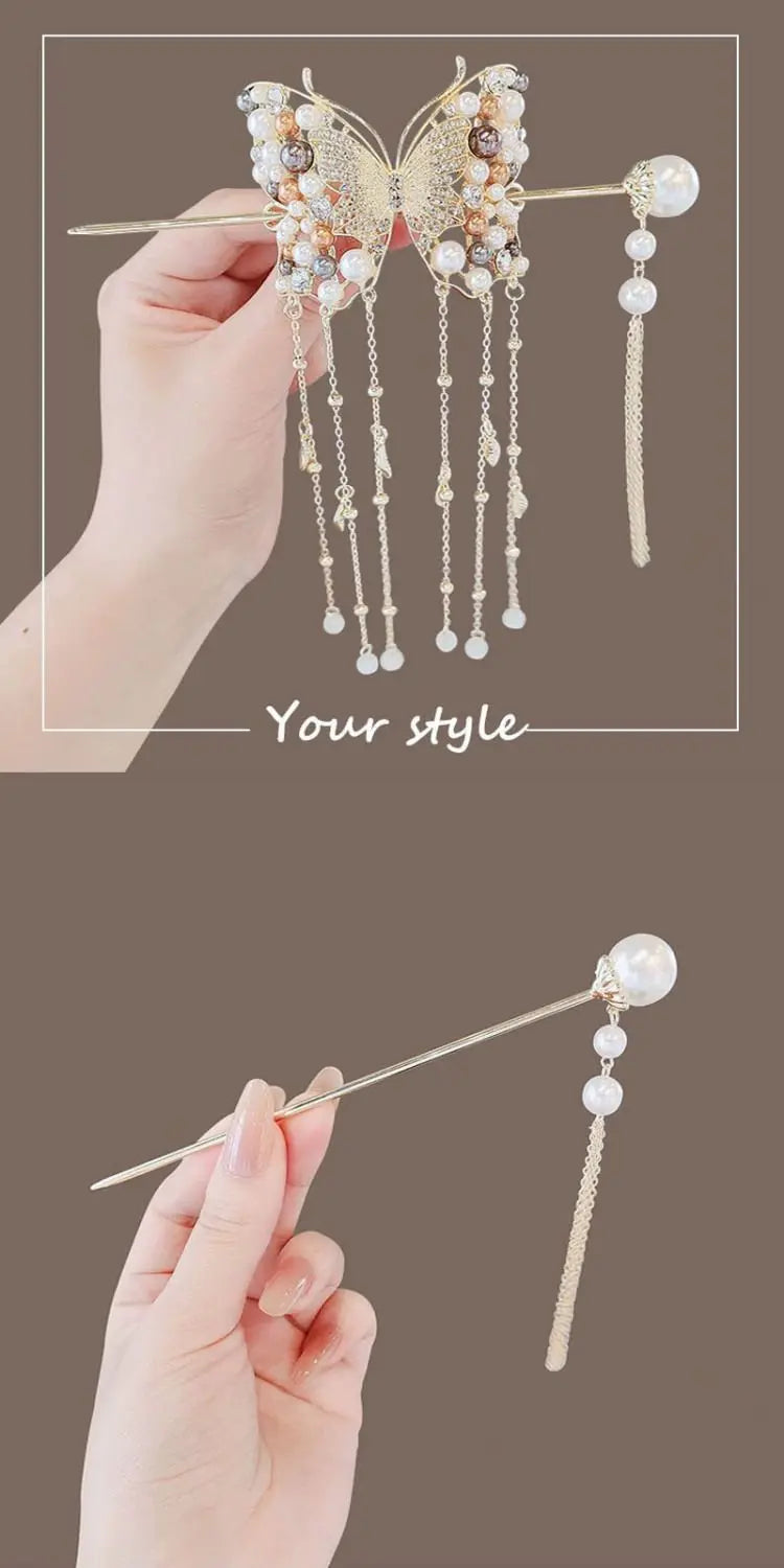 Luxury Pearl Butterfly Hairpin - Colored Alloy Hair Clip with Tassels
