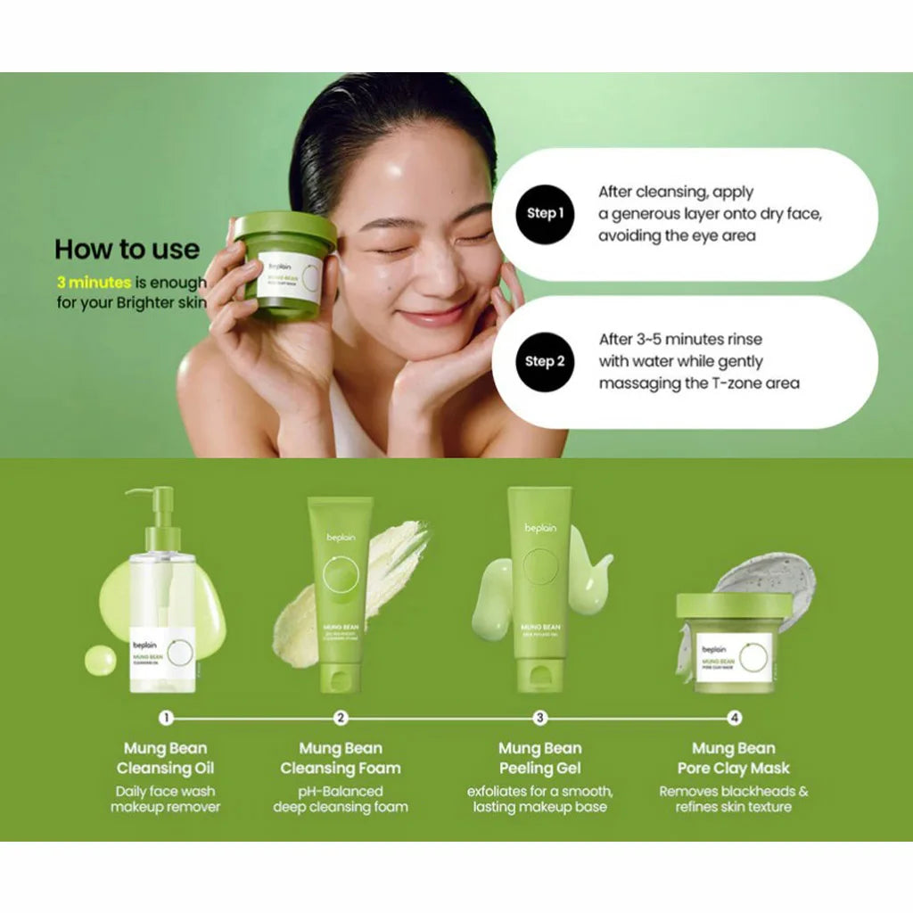 Brand New Beplain Green Bean Sensitive Skin Gentle Facial Cleanser+Mud Mask+Makeup Removal Oil Care Set