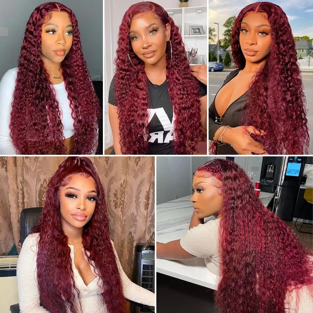 Curly Burgundy 13x6 Hd Lace Front Human Hair Wig Red Wigs For Women Transparent Lace 5x5 13x4 Deep Wave Frontal Wig 99j