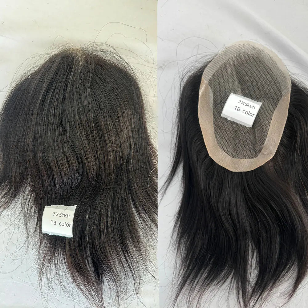 Human Hair Men Toupee Franch Lace Man's Hair Replacement System Wigs Mono Lace Hairpiece With PU Natural Black Color