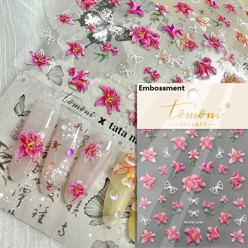 Yellow Autumn Osmanthus Flower Chrysanthemum Butterfly 5D Nail Art Sticker Chinese Character Vase Relief Adhesive Manicure Decal