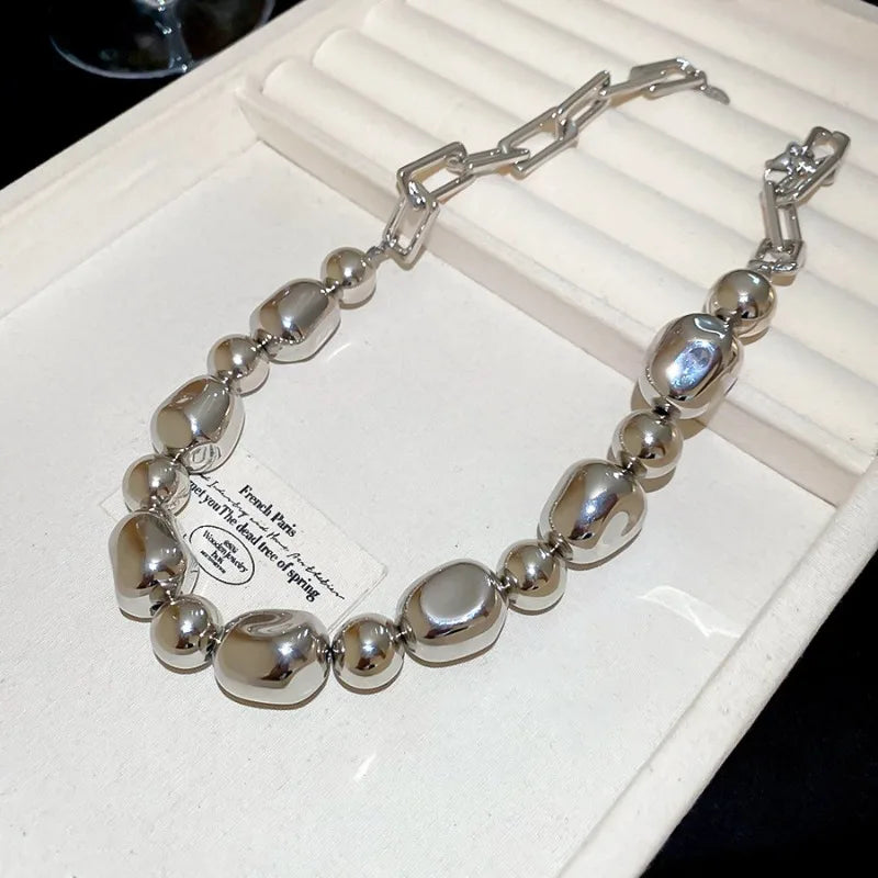 Minar Punk Irregular Metallic ABS Beads Strand Beaded Necklace for Women Silver Plated Metal Alloy Hollow Link Chain Chokers