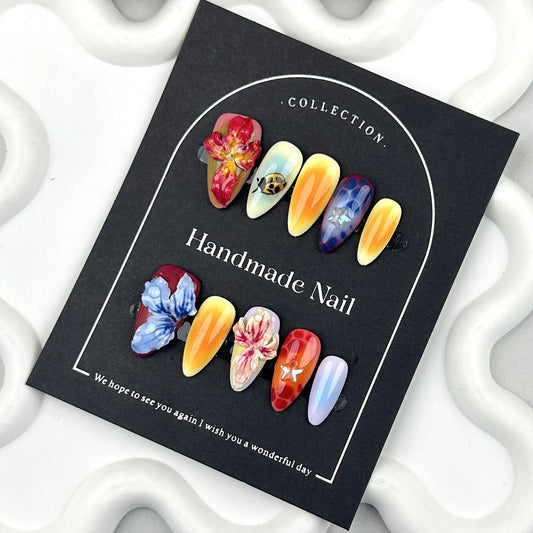 Handmade Press on Nails Hand Carved Petals Design False Nails Full Cover Wearable Ins Fashion Colorful Almond Fake Nail Tips
