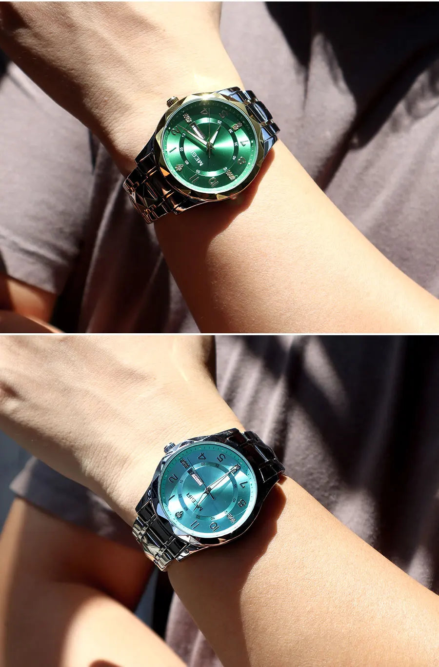 MEGIR Elegant Simple Style Men Quartz Watch with Date Day Display Fashion Stainless Steel Strap Alloy Case Ladies Wristwatch