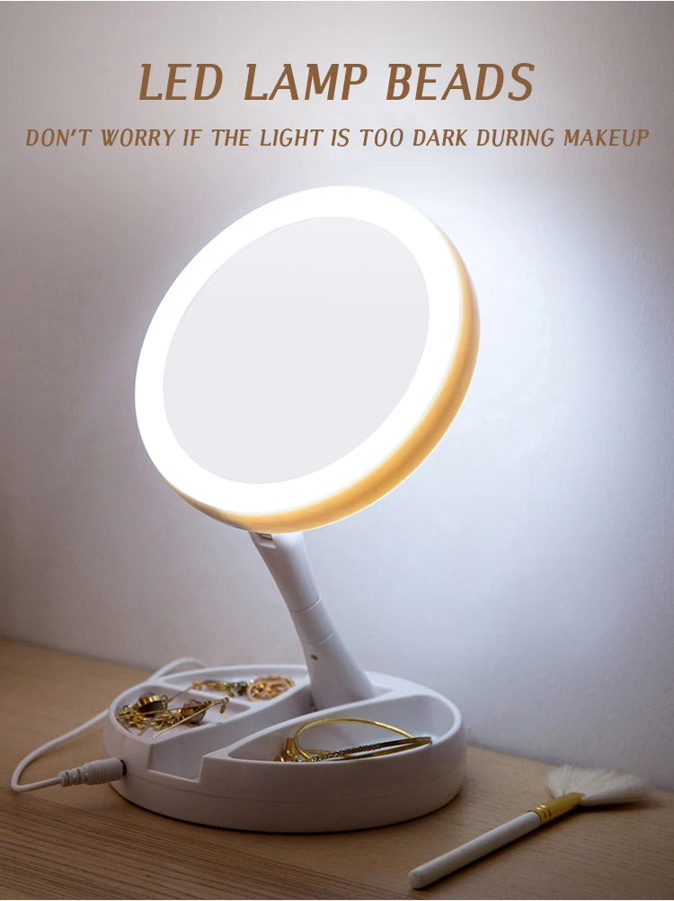 Dry Battery/USB Dual Purpose Double-Sided Mirror LED Makeup Mirror Portable Makeup Mirror Makeup Light With 10XMagnification