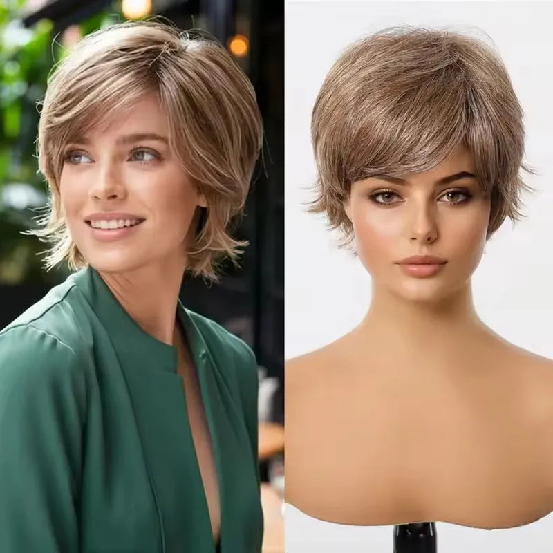 Short Pixie Cut Silvery Gray Blend Hair Wigs for Women with Bangs Ash Natural Straight Layered Human Hair Mixed Synthetic Fiber