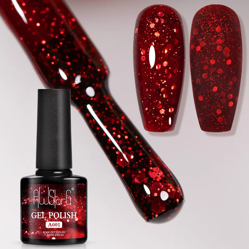 7.5ml Red Glitter Gel Nail Polish Crystal Semi Permanent Soak Off UV Gel Varnish Nail Art Manicure Base Matte Top Coat Vernis