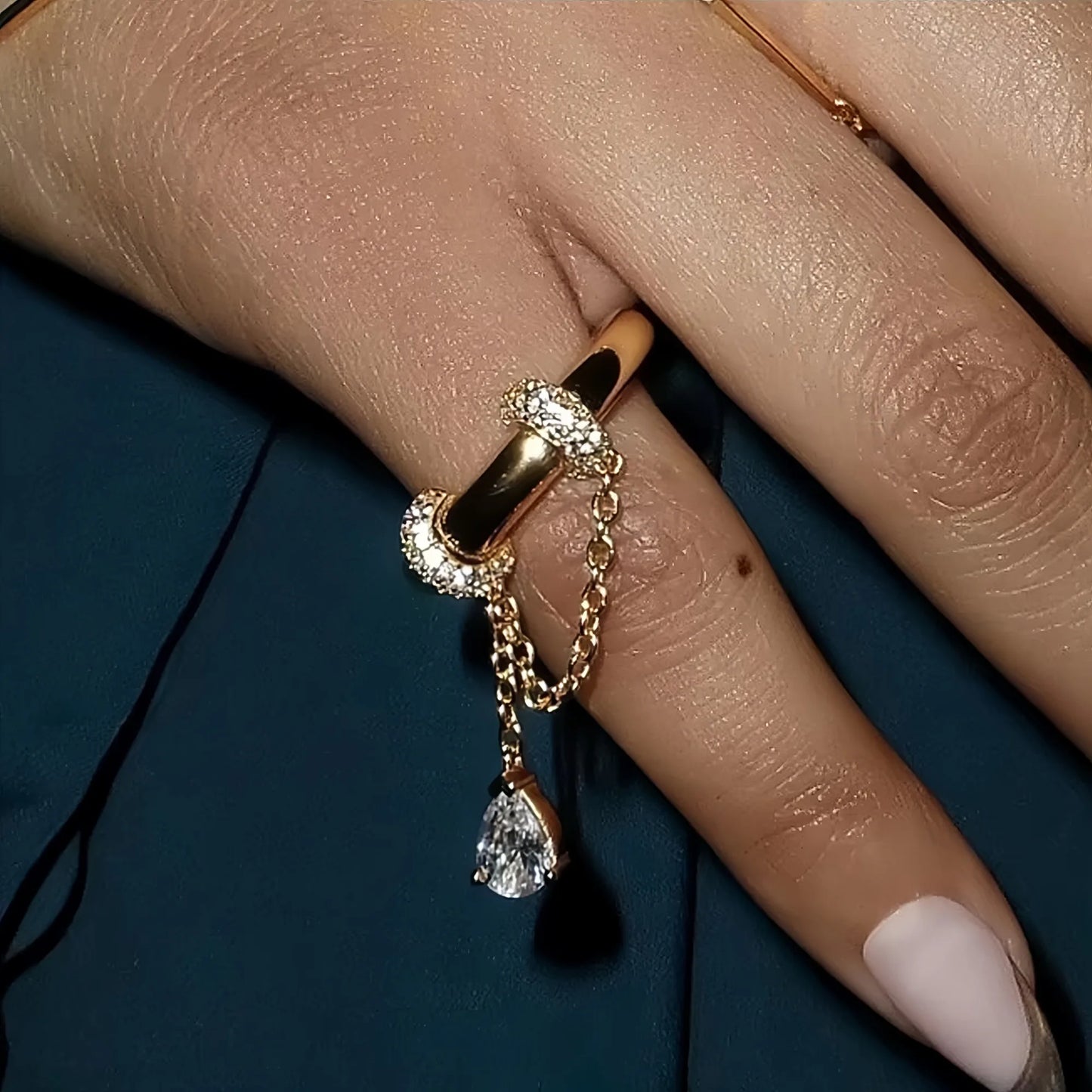 Stainless Steel 18k Gold Plated Tassel Drop Zircon Pendant Cz Stone Rings for Women Boho Luxury Tarnish Free Waterproof Jewelry