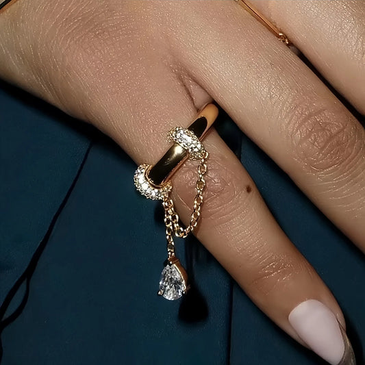 Stainless Steel 18k Gold Plated Tassel Drop Zircon Pendant Cz Stone Rings for Women Boho Luxury Tarnish Free Waterproof Jewelry