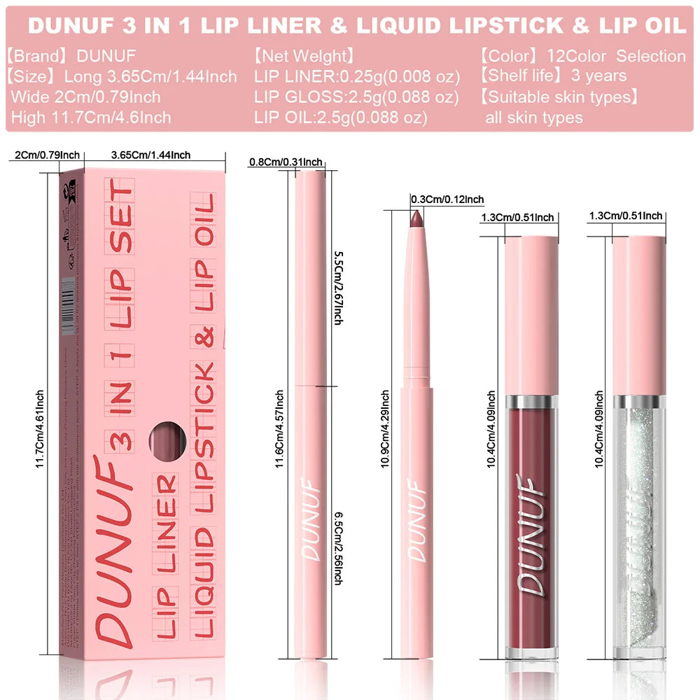 DUNUF 3 In 1 Matte Lipglaze Lip Liner Moisturize Clear Lip Oil Set Cosmetics Waterproof Long lasting Plumer Mirror Lips Gloss